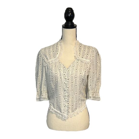 Vintage Sun n Fun Cottagecore Prairie Short Sleeve Floral Print Lace Size Large - Picture 2 of 8